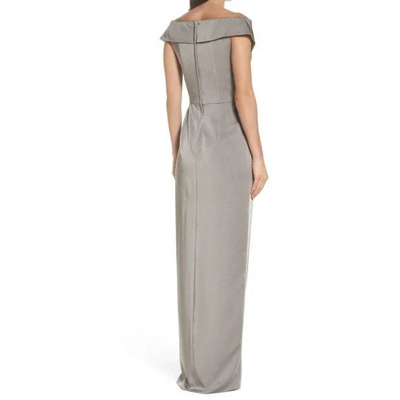 NWT La Femme Surplice Off the Shoulder Column Gown Pewter Size 6 - Picture 3 of 3